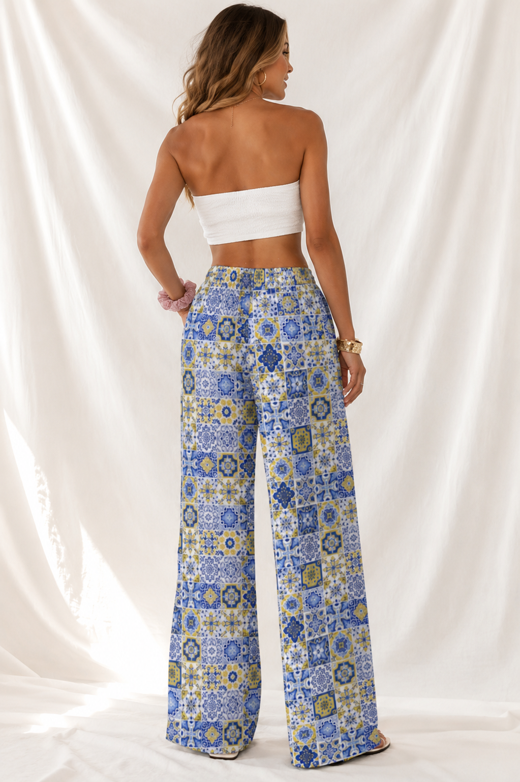 Mediterranean Mosaic Relaxed Straight-Leg Pants | Women's Lightweight Beach Lounge Pants