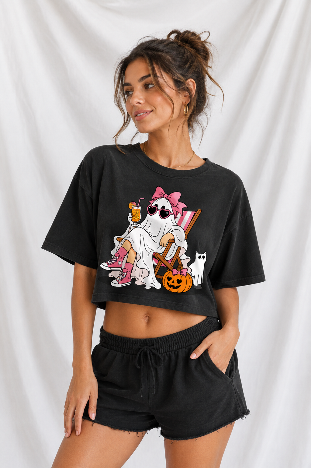Cute Ghost Girl Snow Washed Raw Edge Halloween Crop Top