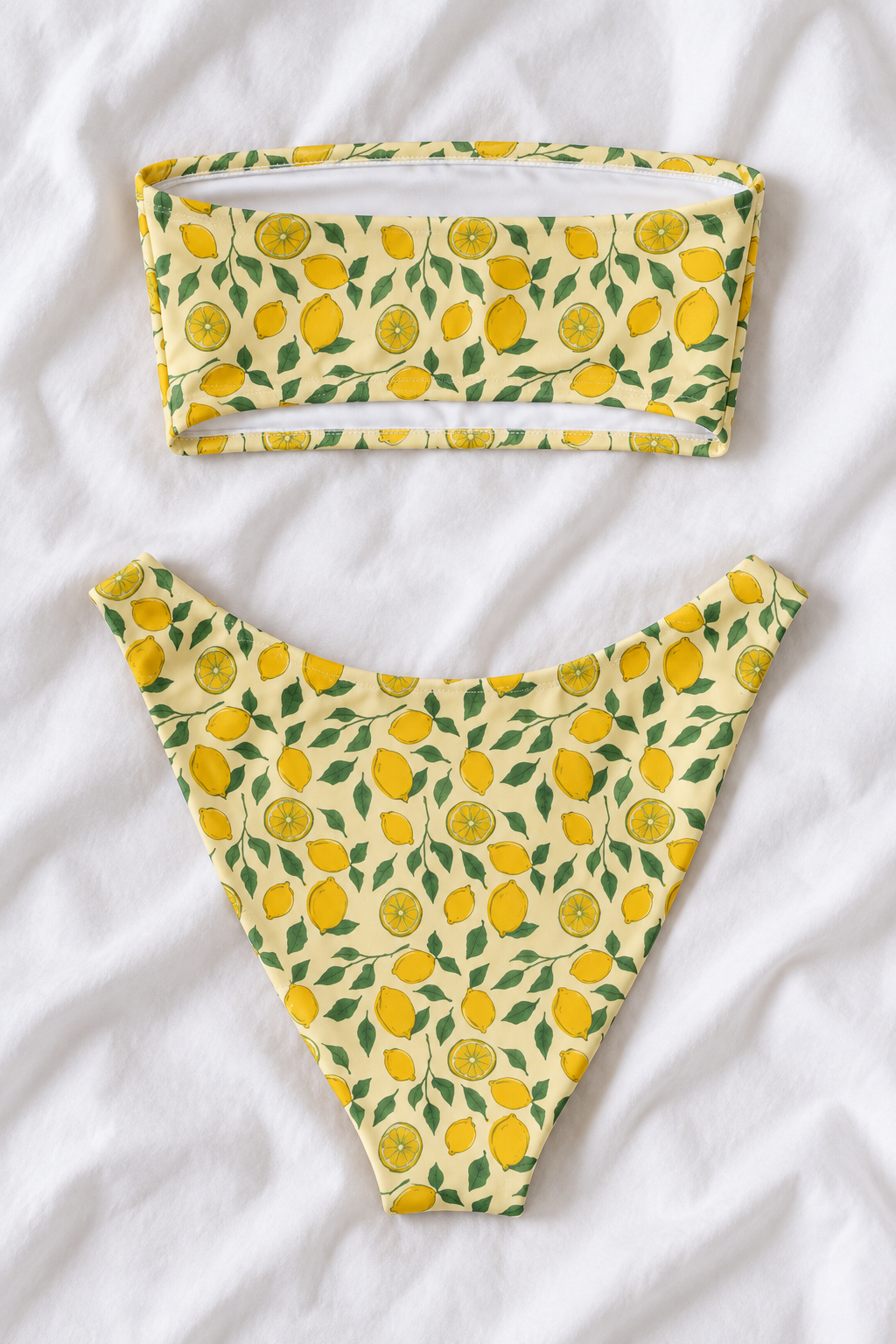 Lemon Grove Bandeau Bikini Set | Yellow Lemon Print V-Cut Bikini Bottoms | Italian Summer Two-Piece Swimsuit