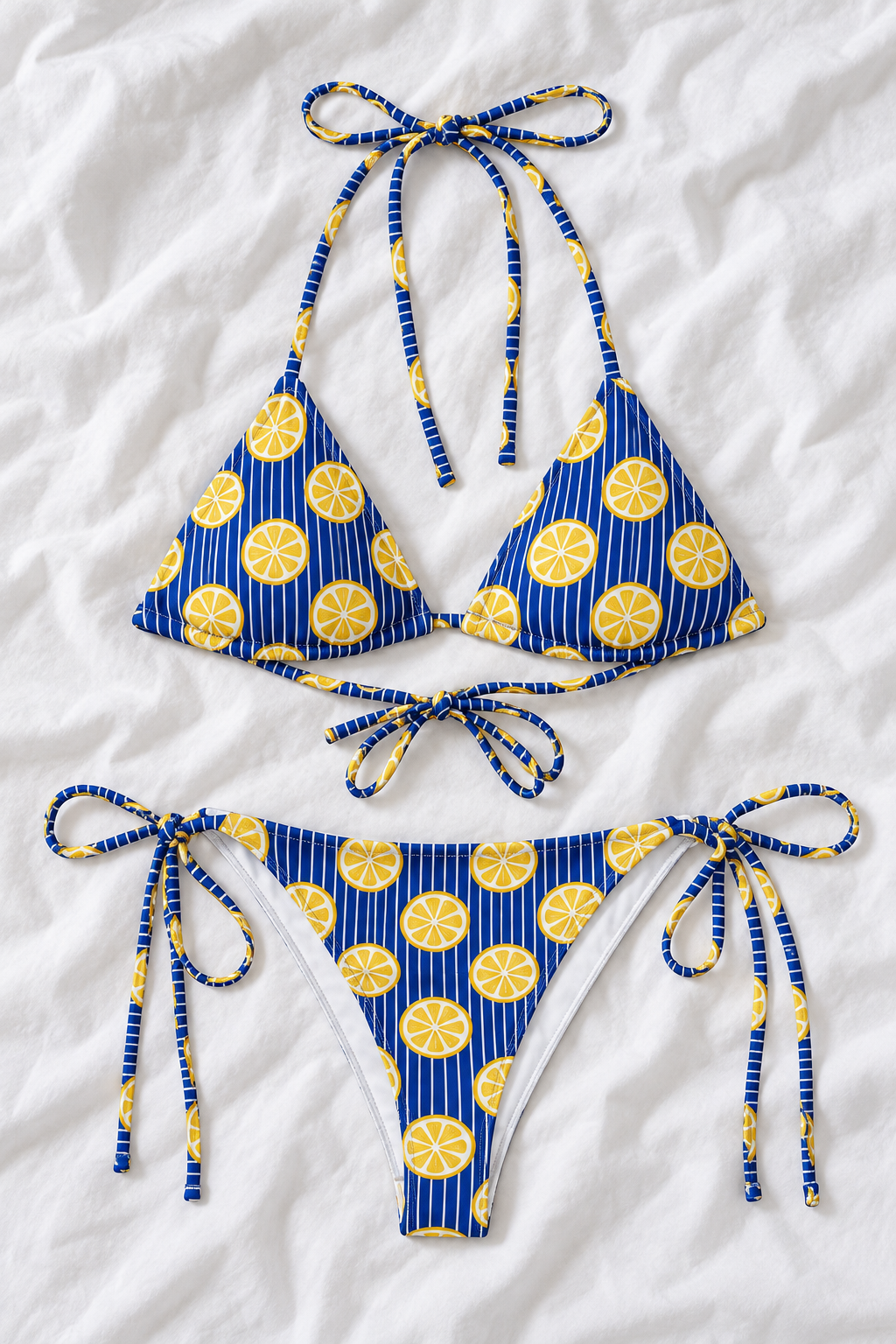 Amalfi Lemon String Bikini Set | Blue Striped Citrus Print Two-Piece Swimsuit | Italian Summer Swimwear