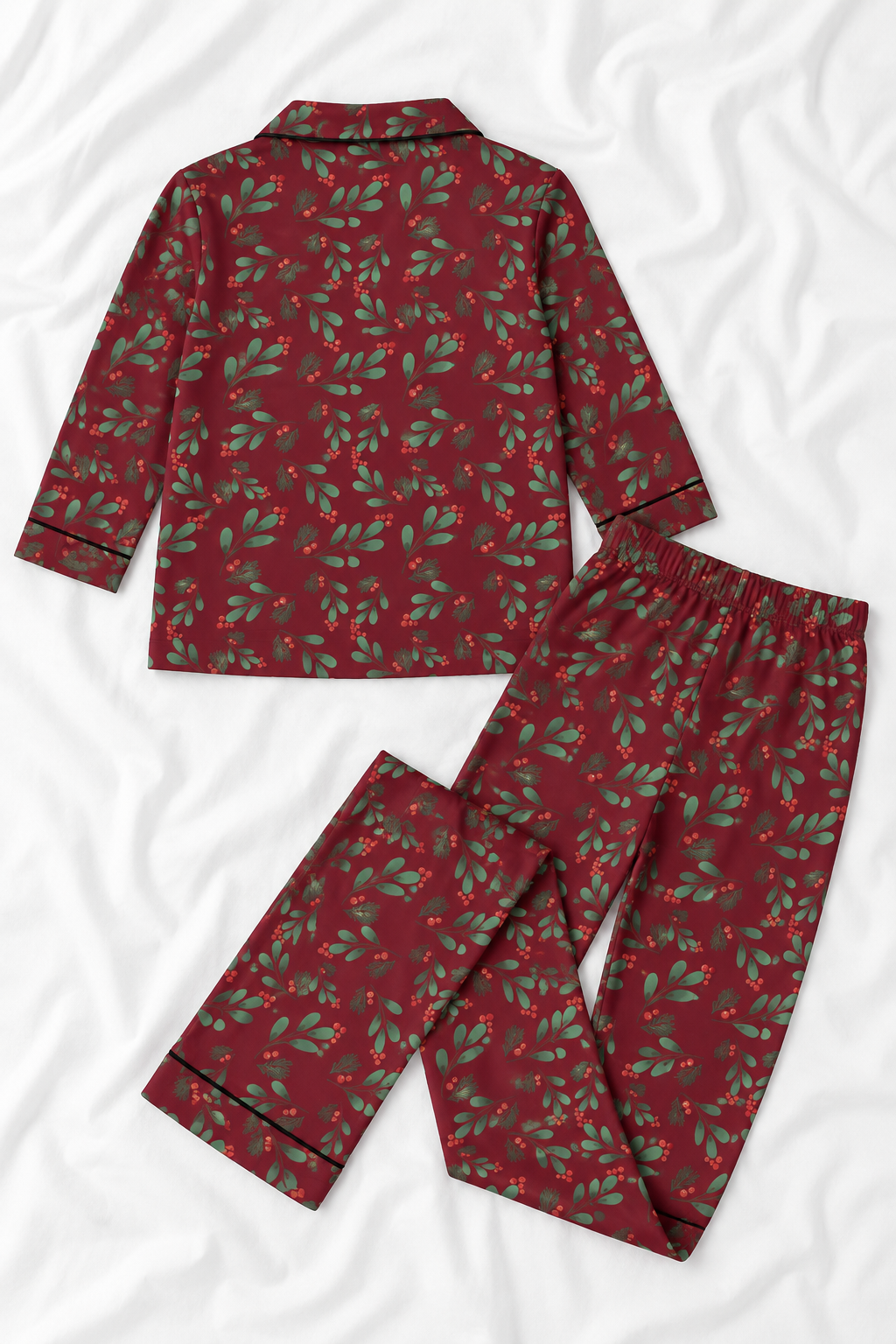 Kids Red Christmas Holly Berry Silky Long Sleeve Pajama Set