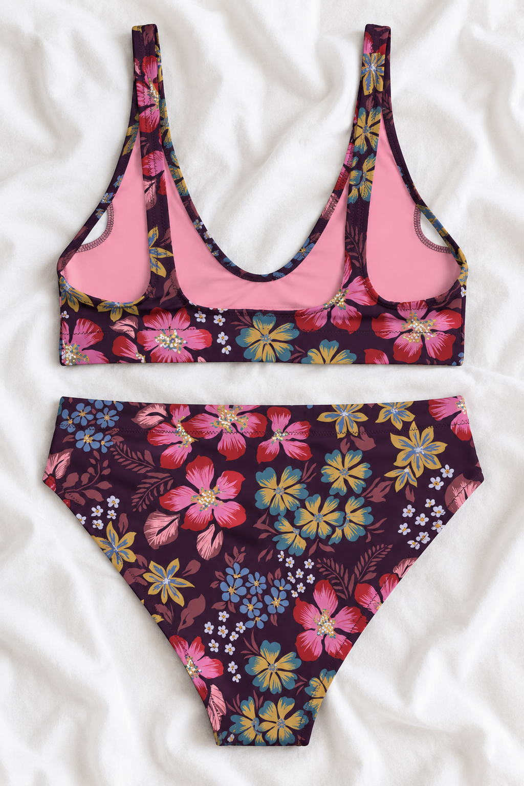 Purple Floral High-Waisted Two-Piece Bikini – Women’s Flower Print Swimsuit