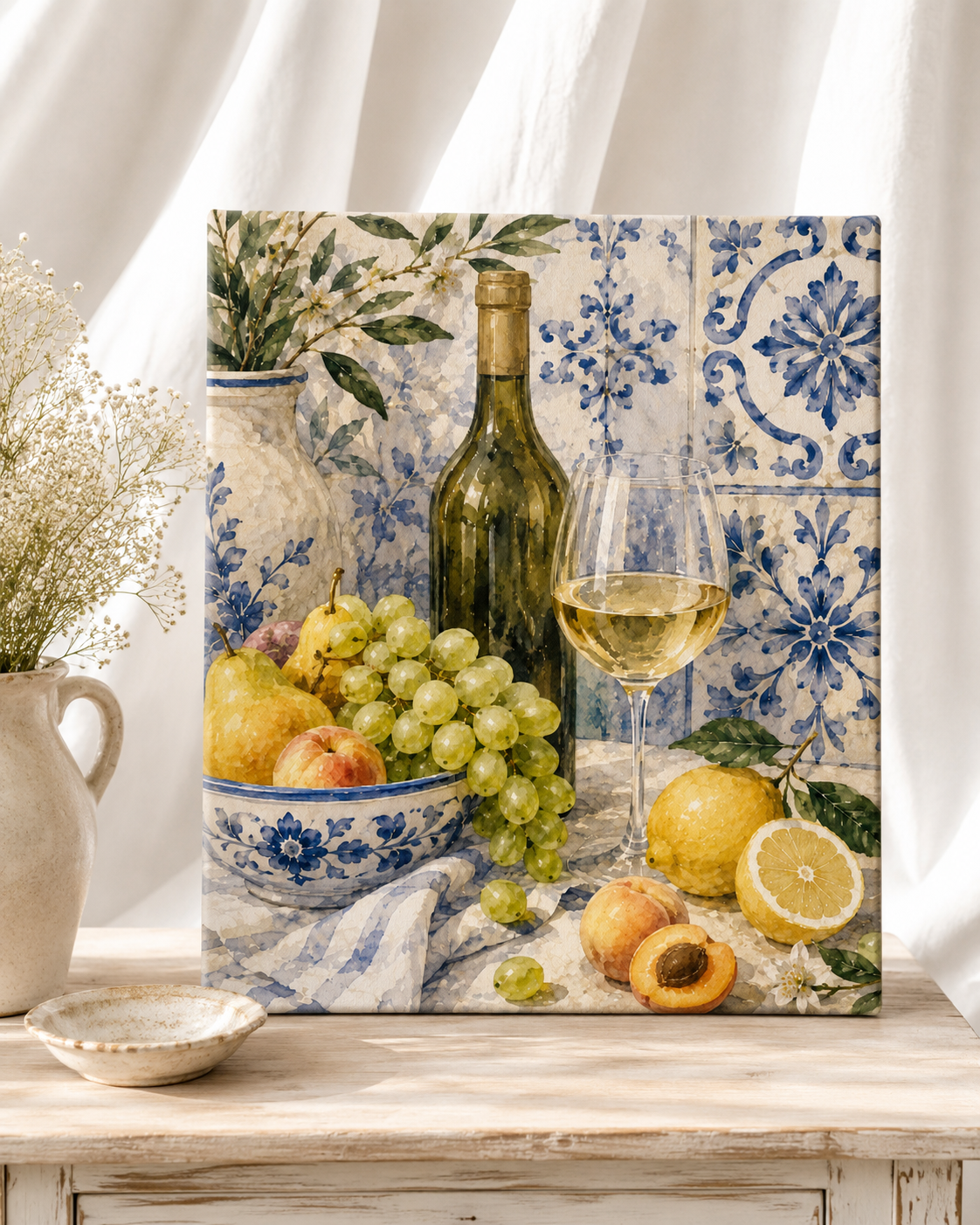 Mediterranean Wine & Citrus Canvas Wall Art | Blue Tile Kitchen Canvas | Stretched Canvas Print
