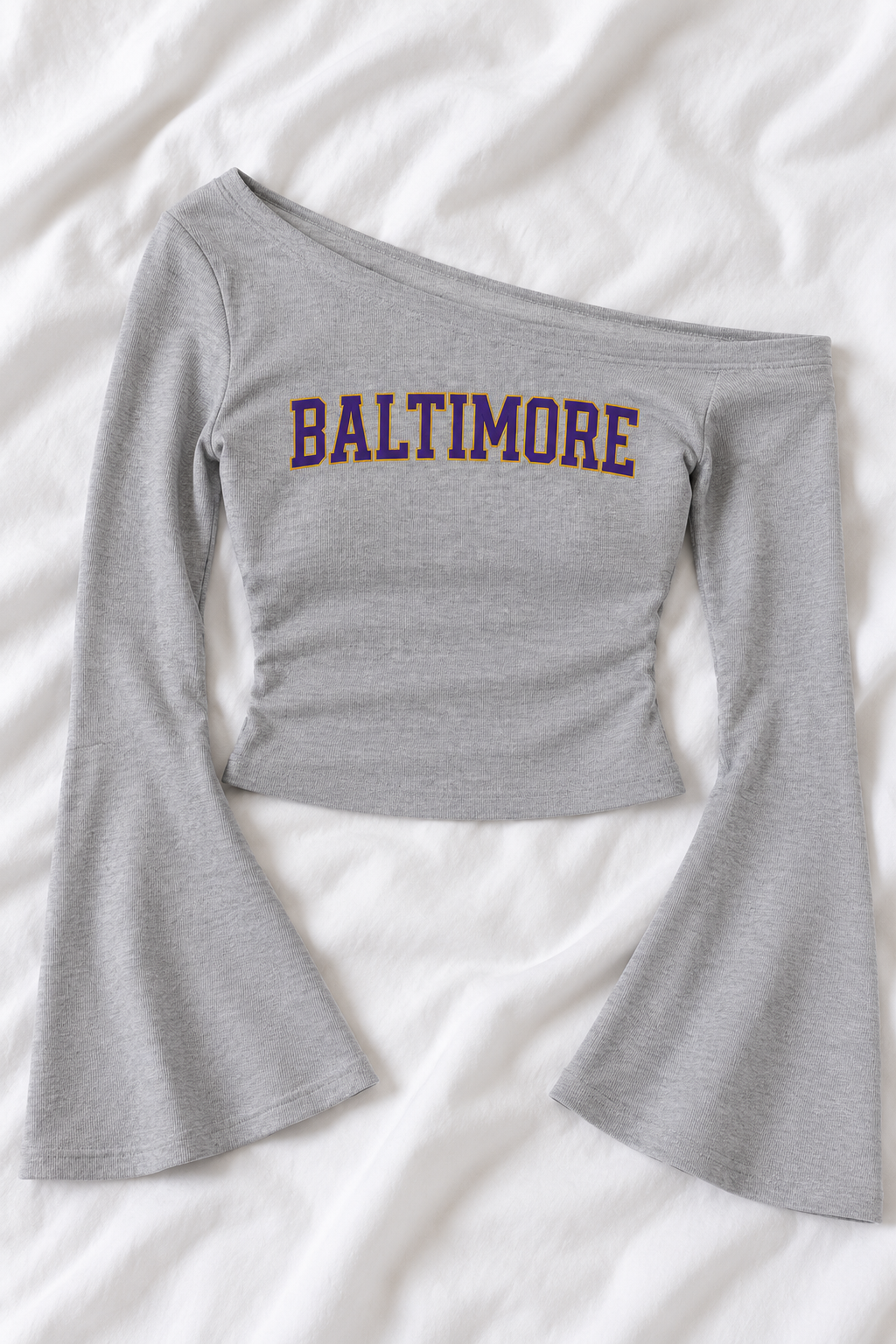 Baltimore Football Off-Shoulder Bell Sleeve T-Shirt – Women’s Game Day Top
