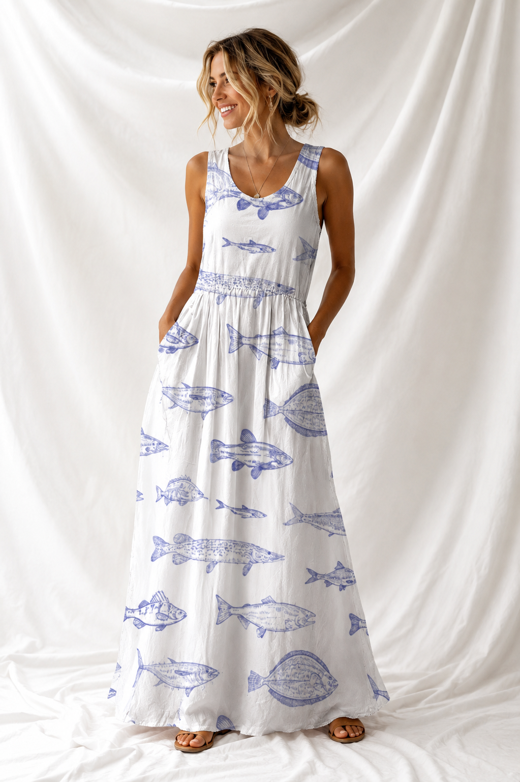 Fish Print Maxi Dress – Women’s Coastal Sleeveless Summer Dress, Beach Vacation Outfit