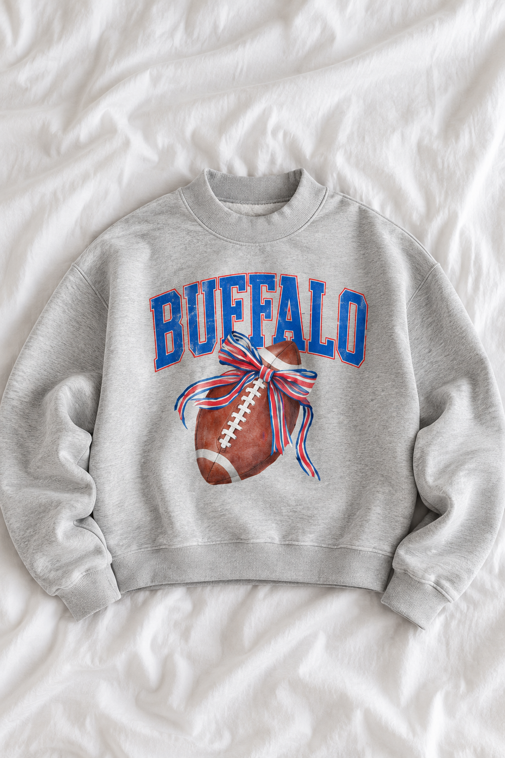 Buffalo Football Bow Sweatshirt | Coquette Game Day Mock Neck Crewneck | Vintage Blue & Red Football Fleece Pullover