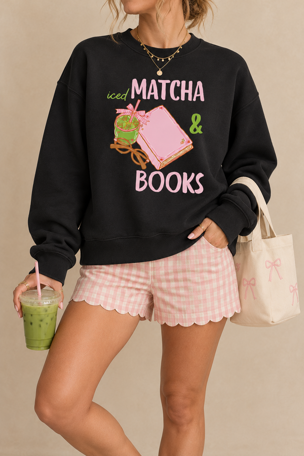 Iced Matcha & Books Sweatshirt – Pink Book Lover Graphic Crewneck