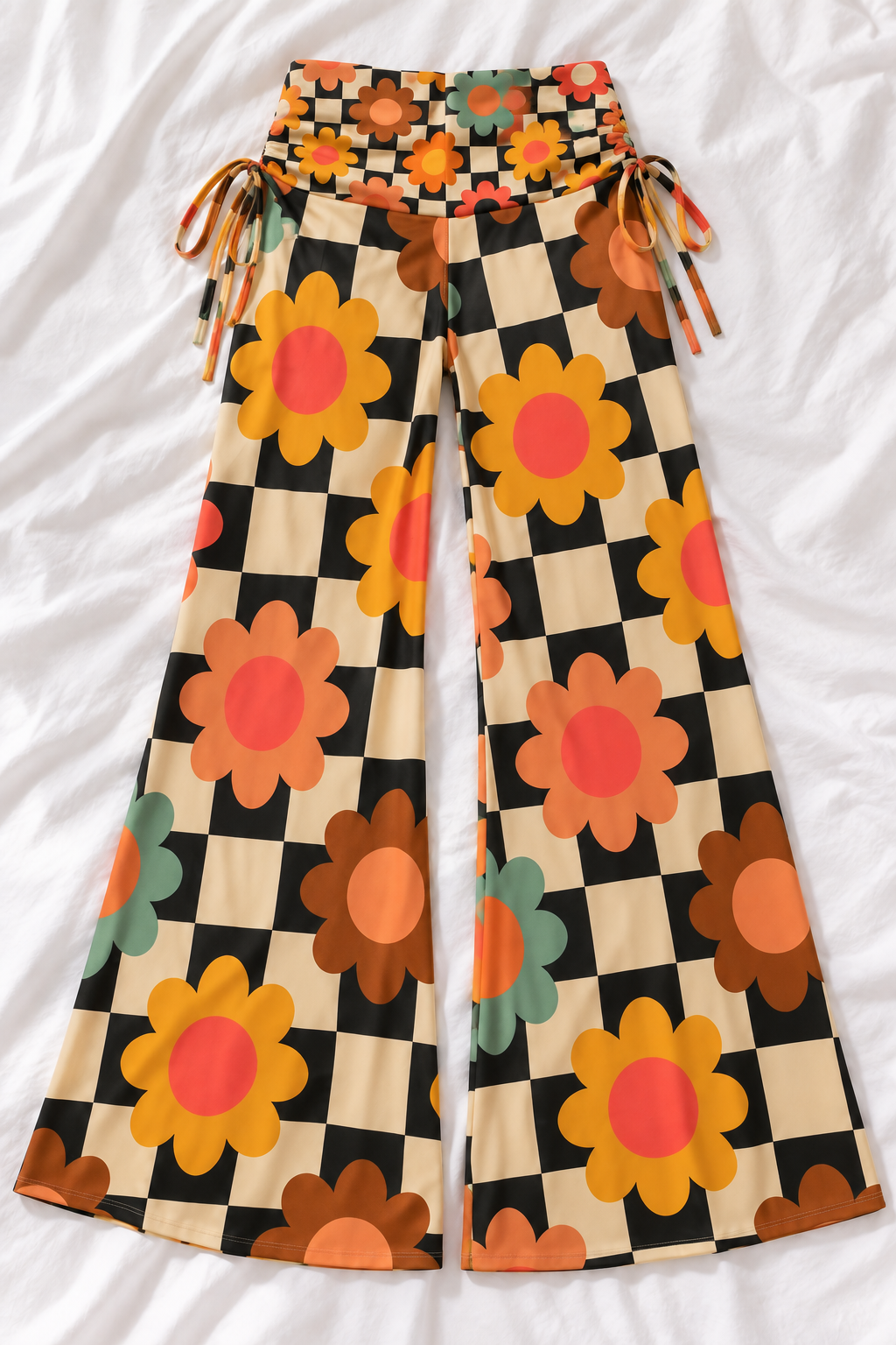 Retro Checker Floral Wide Leg Pants | Women's Groovy 70s Lounge Pants
