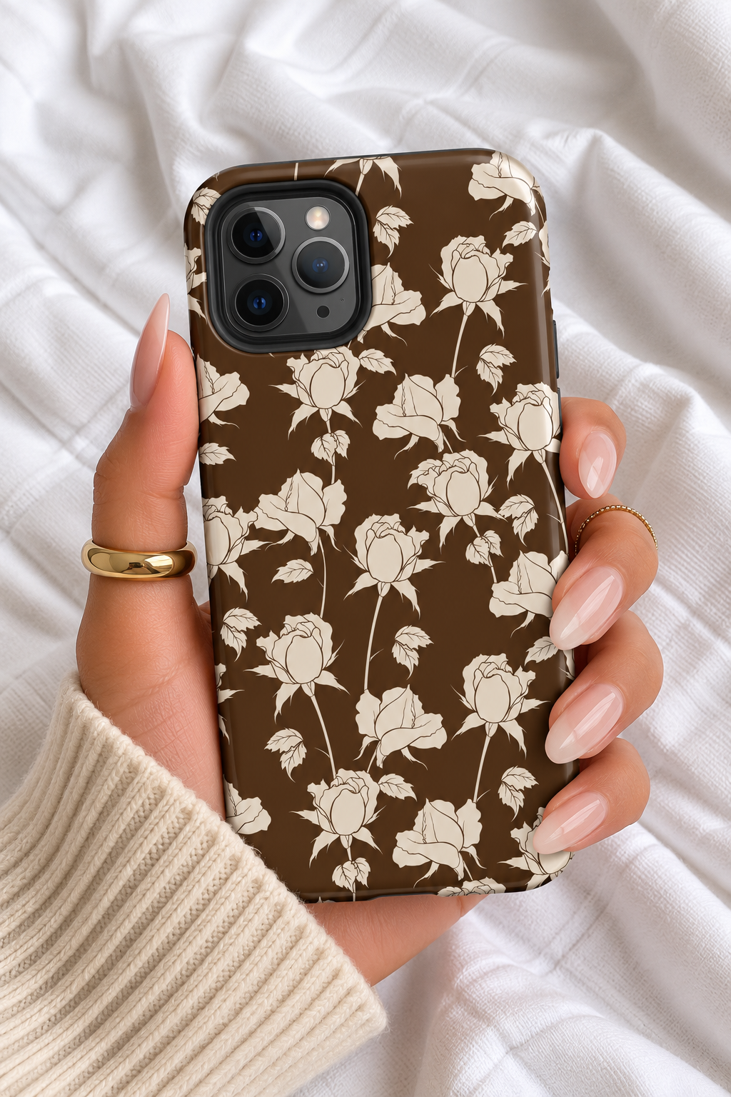 Chocolate Brown Floral iPhone Case – Vintage Cream Rose Tough Phone Case