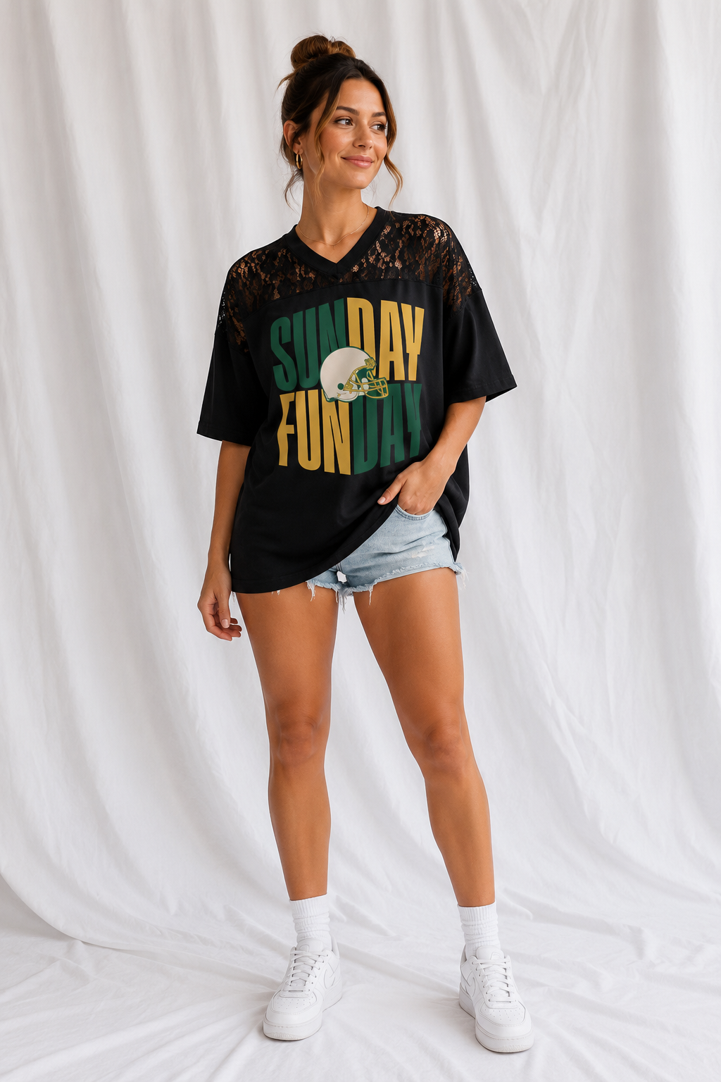 Sunday Funday Football Lace Jersey Tee | Women's Green & Gold Game Day Shirt