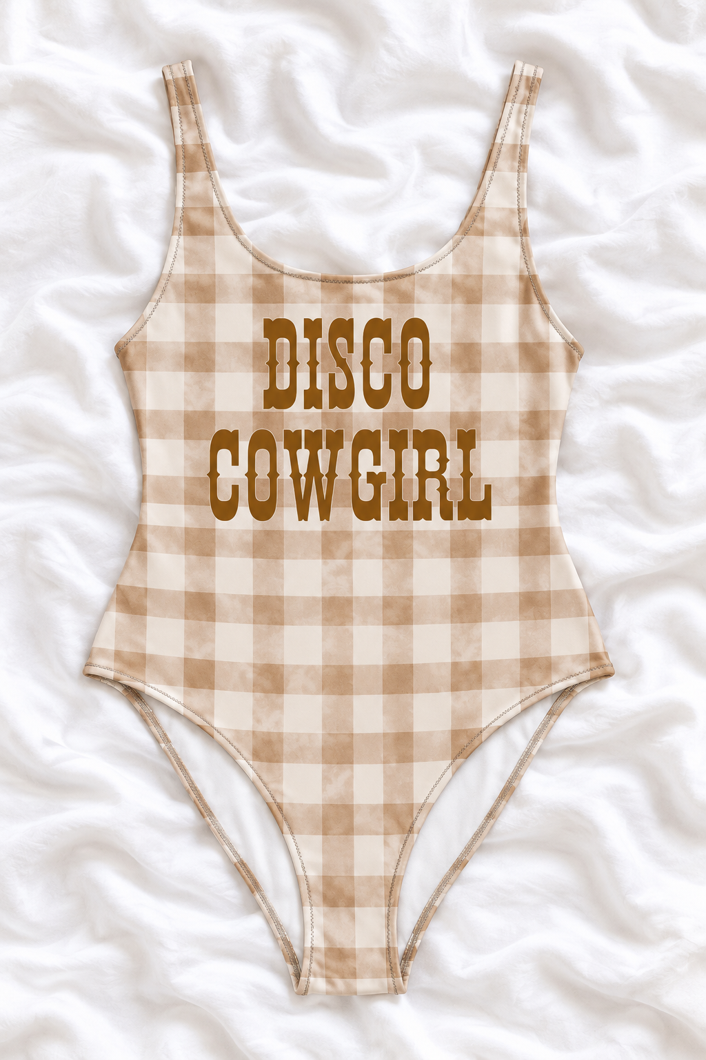 Disco Cowgirl Tan Gingham One-Piece Swimsuit – Western Bachelorette Swimwear