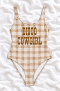 Disco Cowgirl Tan Gingham One-Piece Swimsuit – Western Bachelorette Swimwear