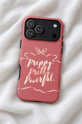 Preppy Pretty Powerful Tough iPhone Case – Black & Pink Coquette Bow Phone Cover