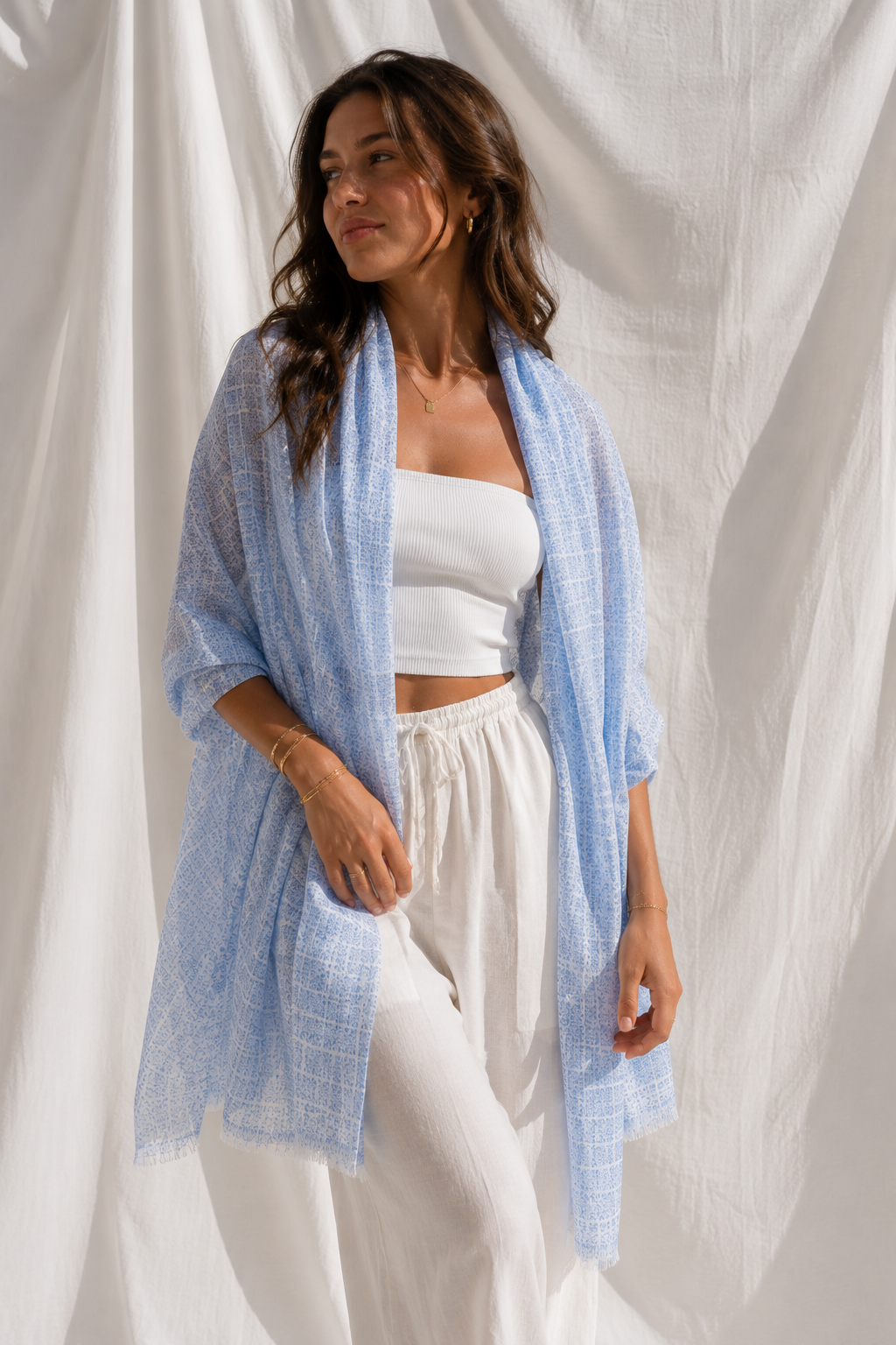 Light Blue Tile Lightweight Scarf | Mediterranean Long Fashion Scarf & Coastal Wrap