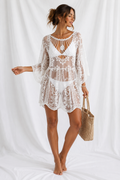 Crochet Lace Long Sleeve Swim Cover-Up