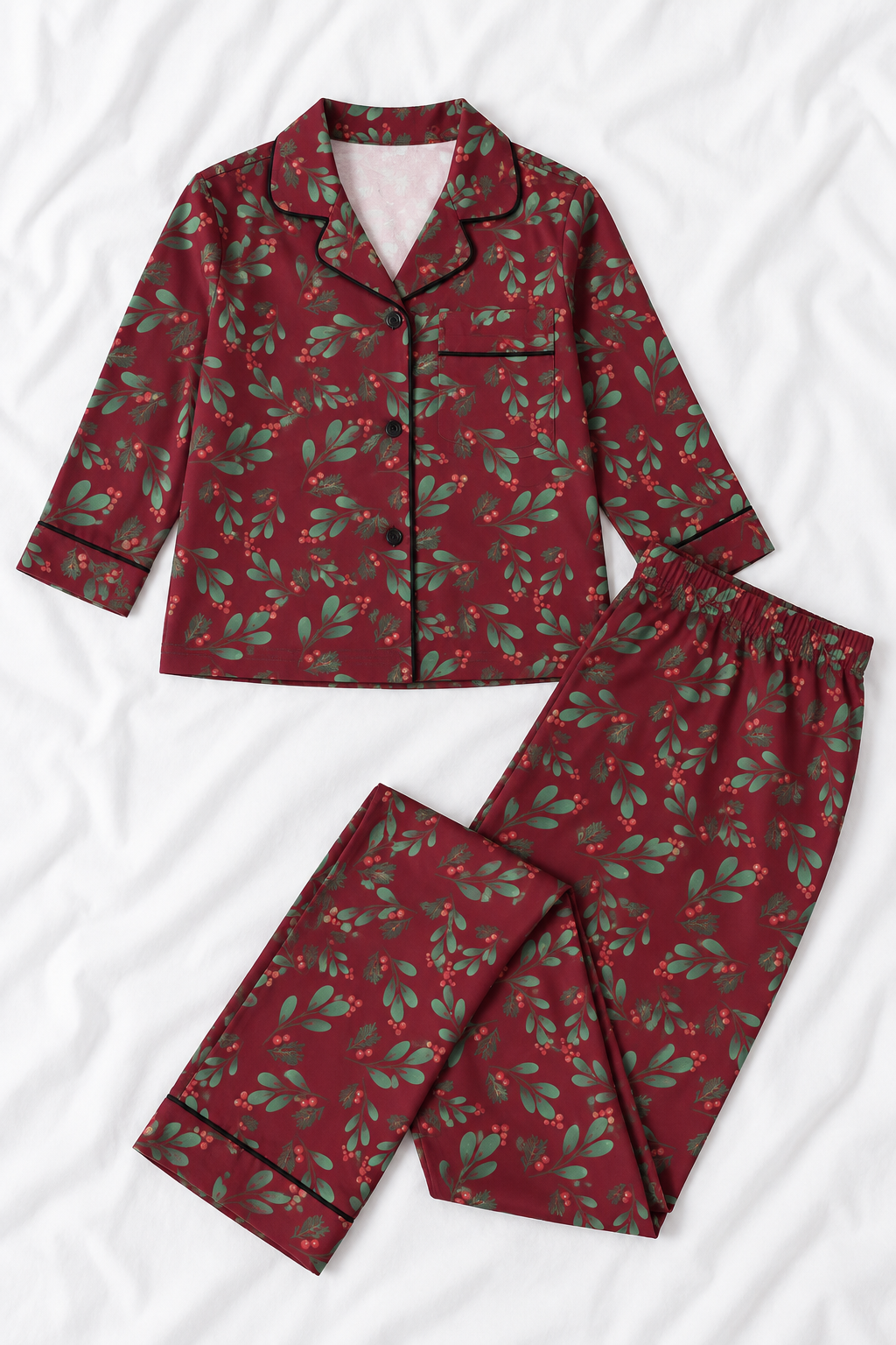 Kids Red Christmas Holly Berry Silky Long Sleeve Pajama Set