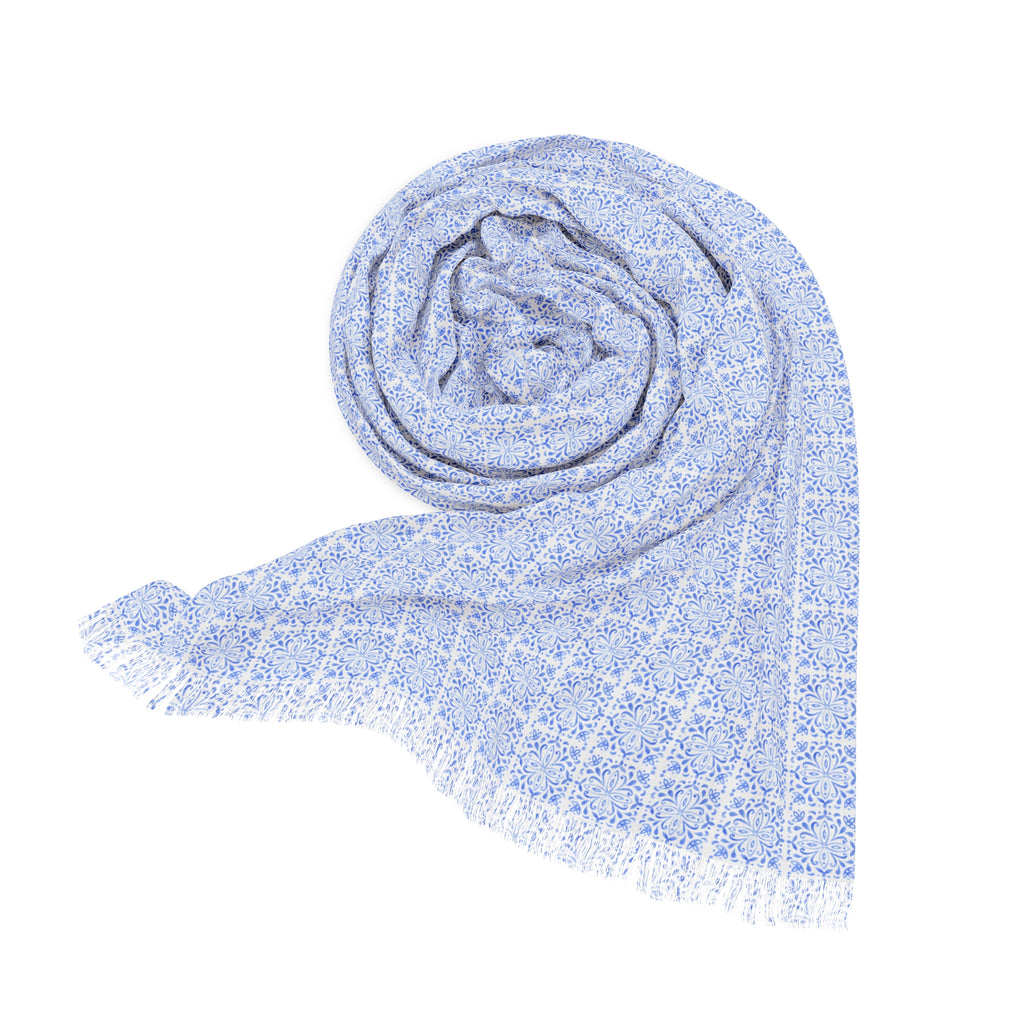 Light Blue Tile Lightweight Scarf | Mediterranean Long Fashion Scarf & Coastal Wrap