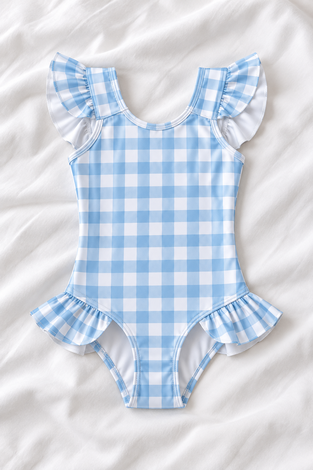 Blue Gingham Girls’ Ruffle Swimsuit – Kids Checkered One Piece Swimwear