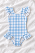 Blue Gingham Girls’ Ruffle Swimsuit – Kids Checkered One Piece Swimwear