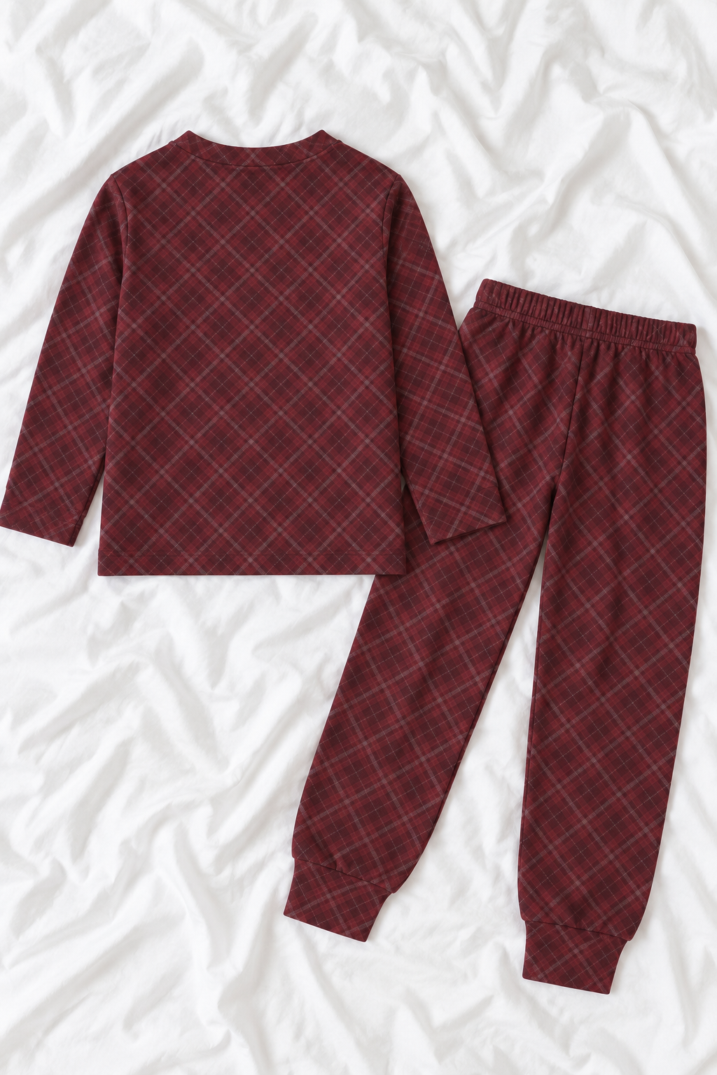 Kids Burgundy Plaid Teddy Bear Soft-Touch Long Sleeve Pajama Set