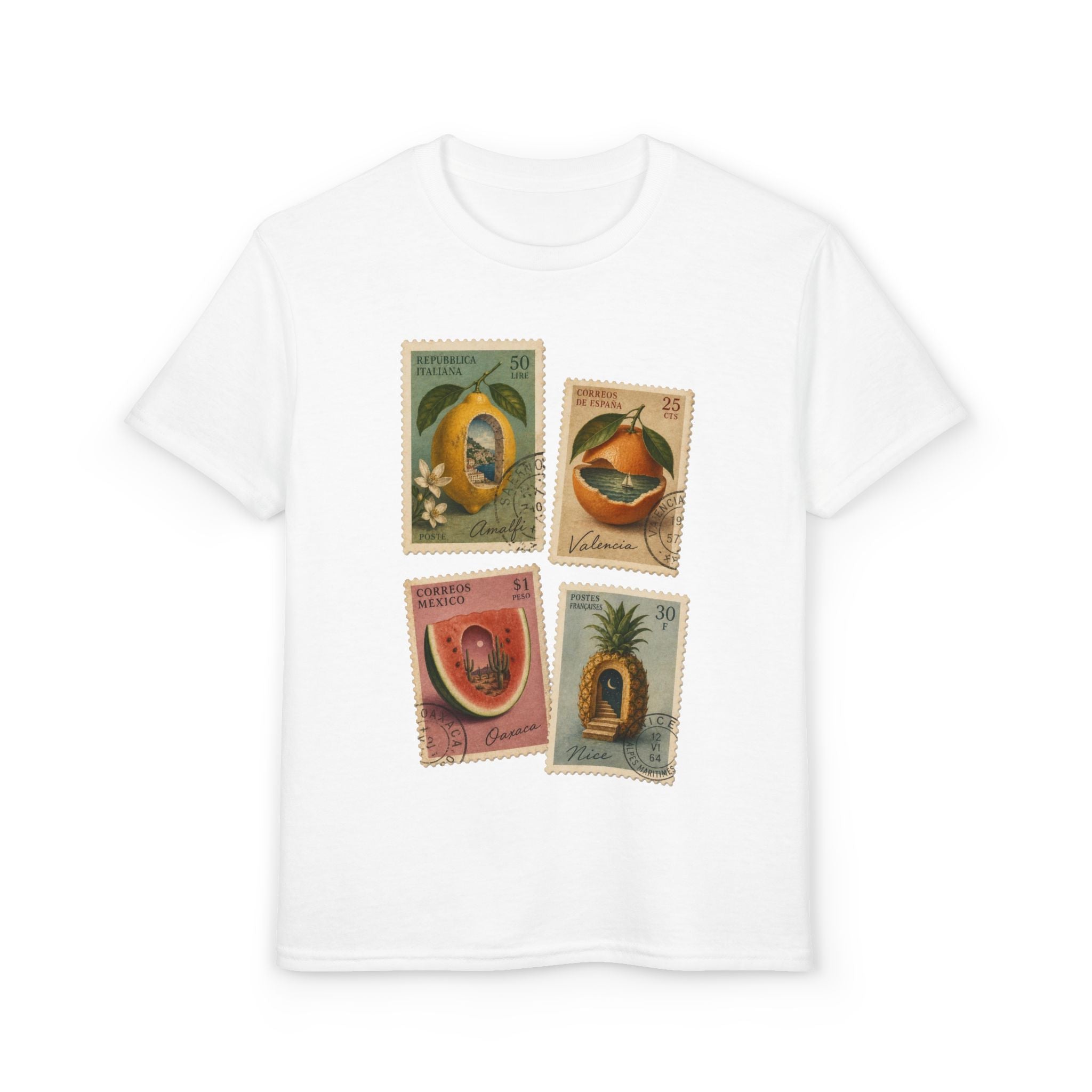 Youth T-Shirt — Vintage Botanical Fruit Stamp Collage Tee