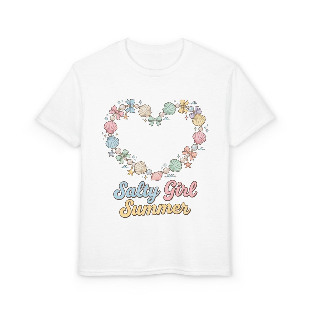 Youth T-Shirt — "Salty Girl Summer" Pastel Seashell Heart Tee