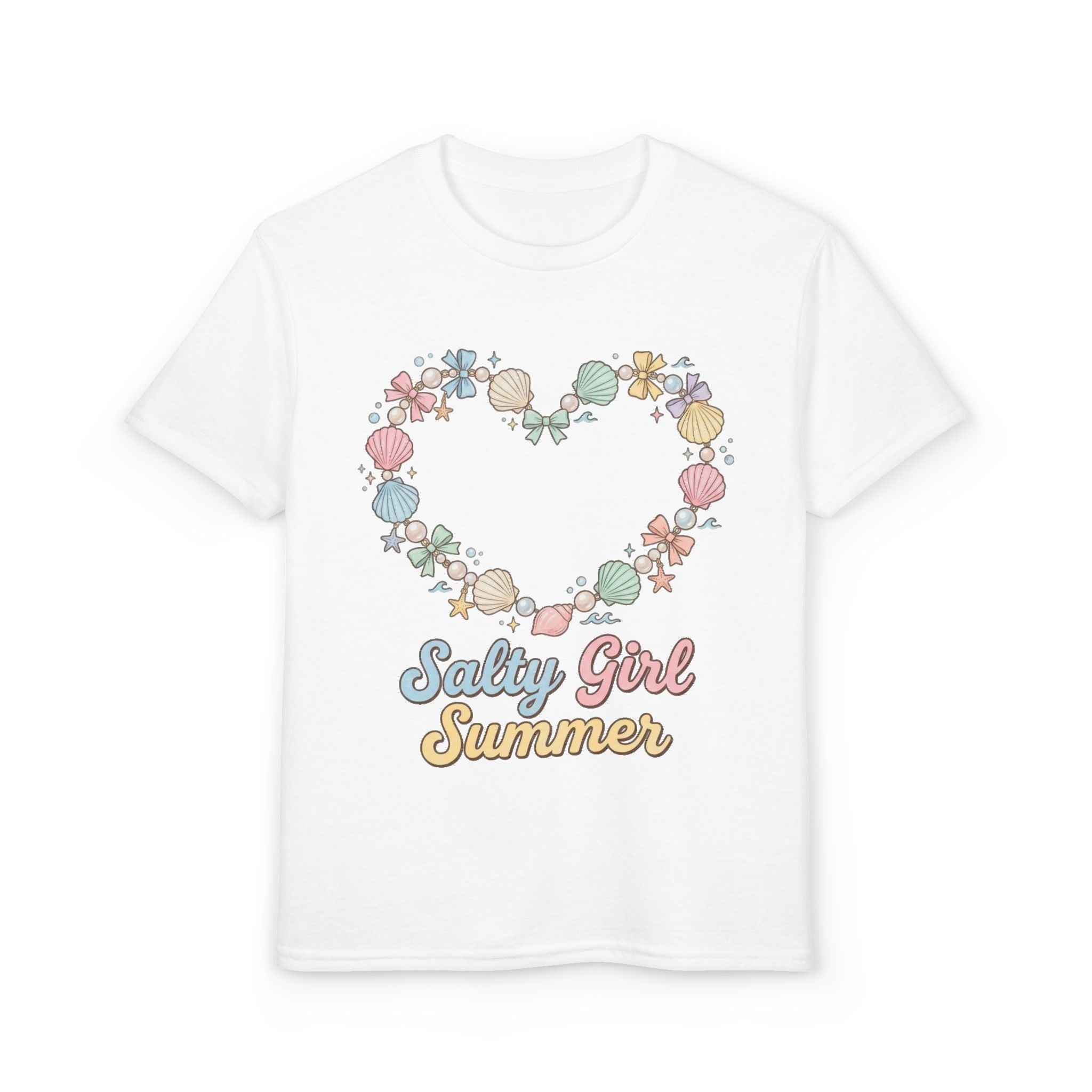 Youth T-Shirt — "Salty Girl Summer" Pastel Seashell Heart Tee