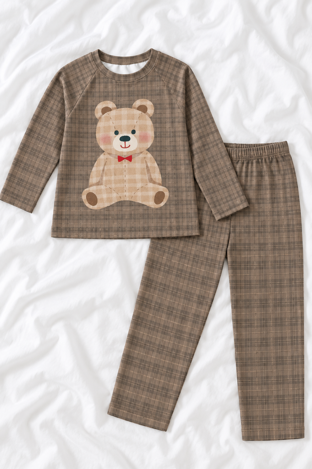 Kids Beige Plaid Teddy Bear Soft-Touch Long Sleeve Pajama Set