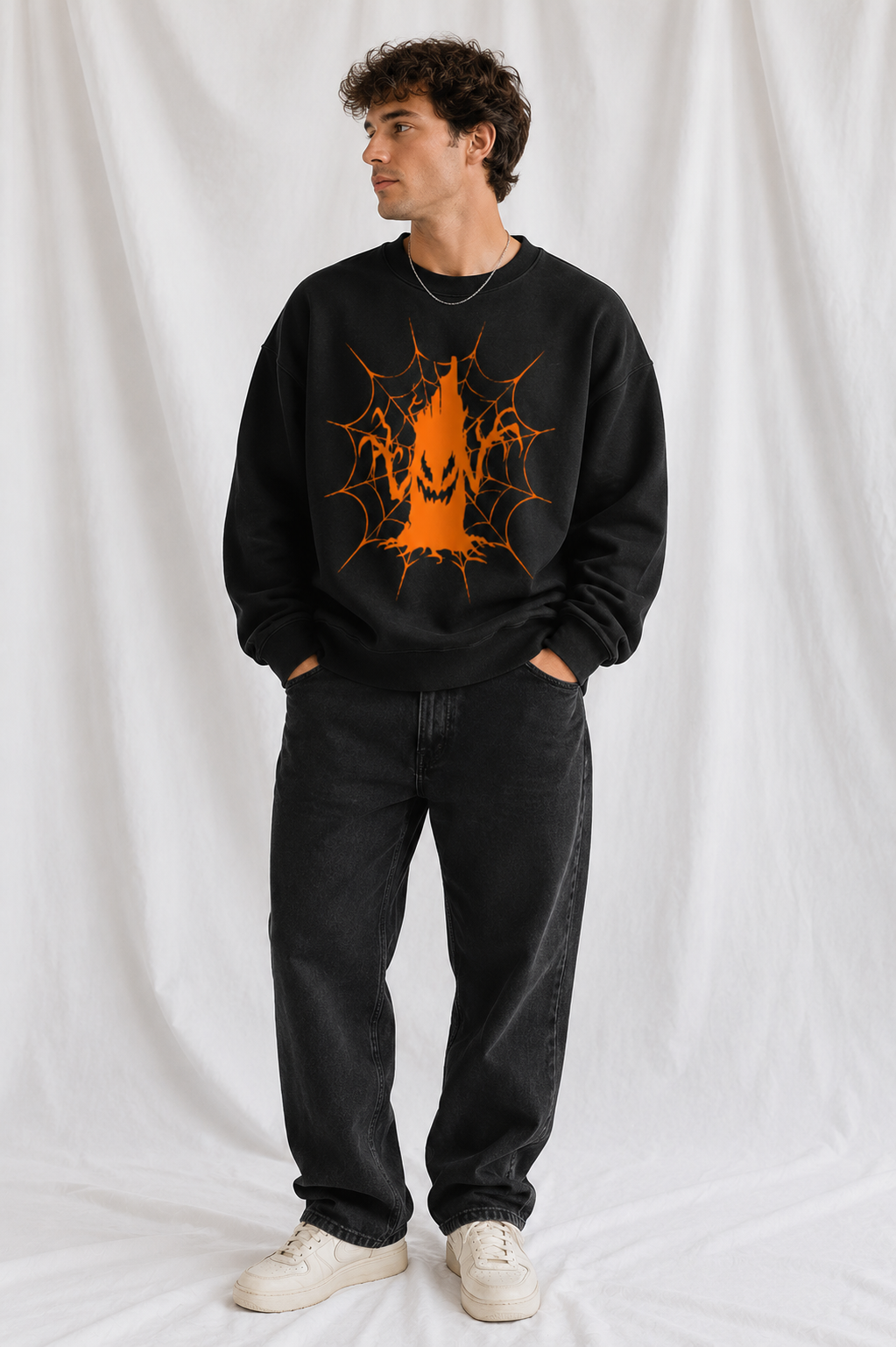 Vintage Wash Orange Spiderweb Monster Graphic Unisex Crewneck Sweatshirt