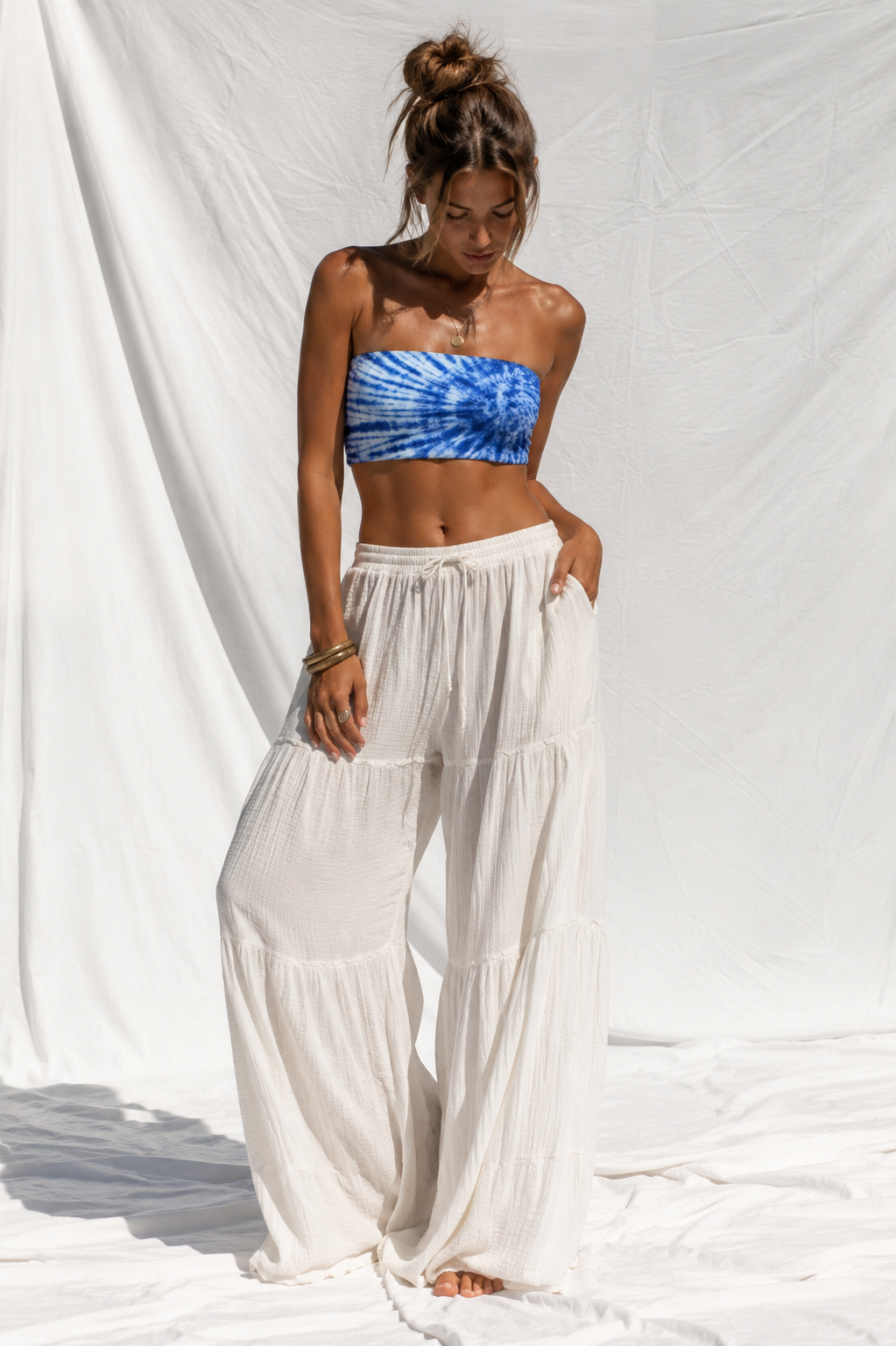 Women's Ocean Blue Tie-Dye Bandeau Bikini Top | Strapless Swim Top
