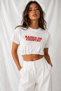 Raised on Country Women's Crop Bubble Hem Tee | 100% Cotton Western Graphic Top