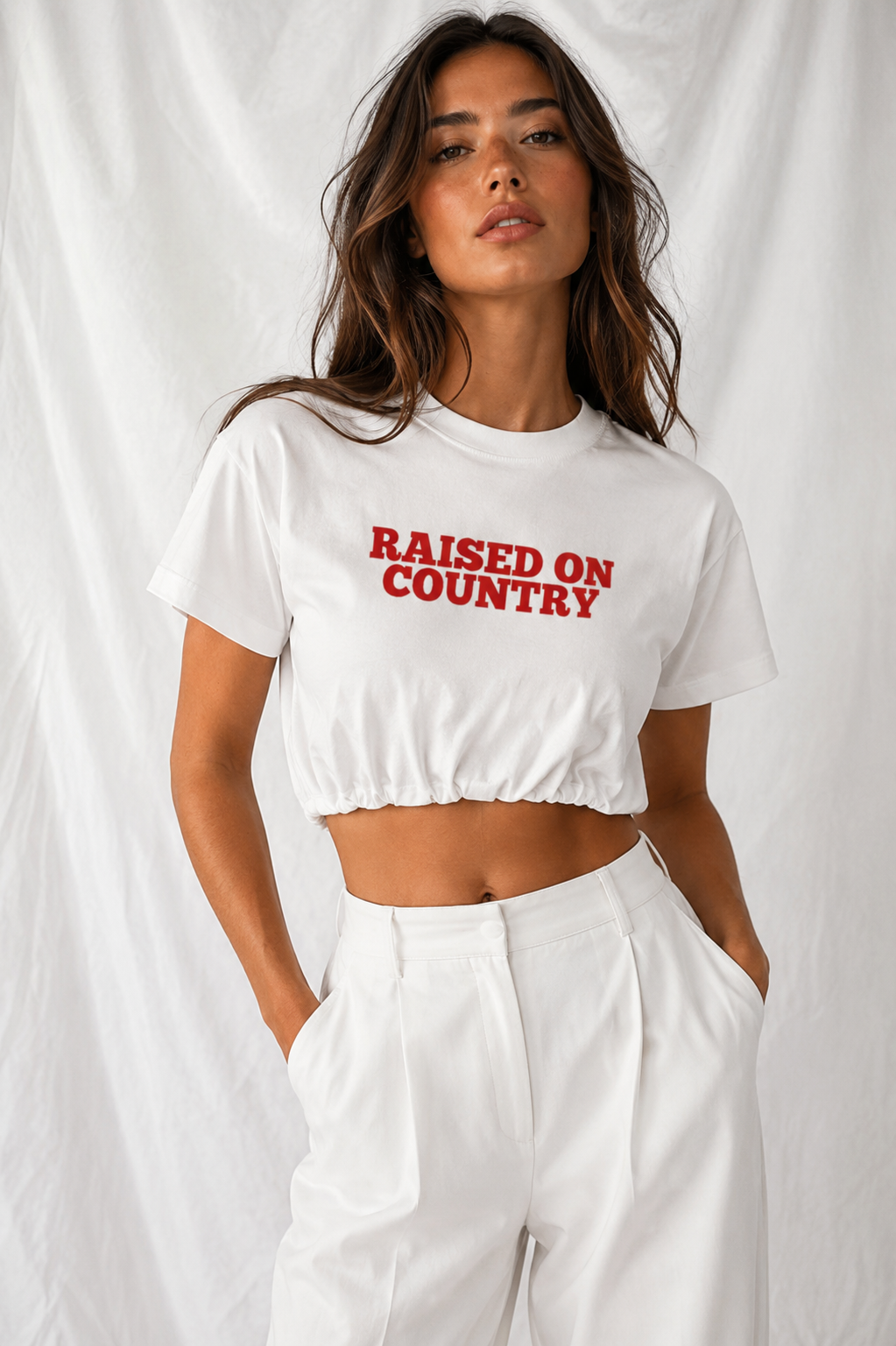 Raised on Country Women's Crop Bubble Hem Tee | 100% Cotton Western Graphic Top