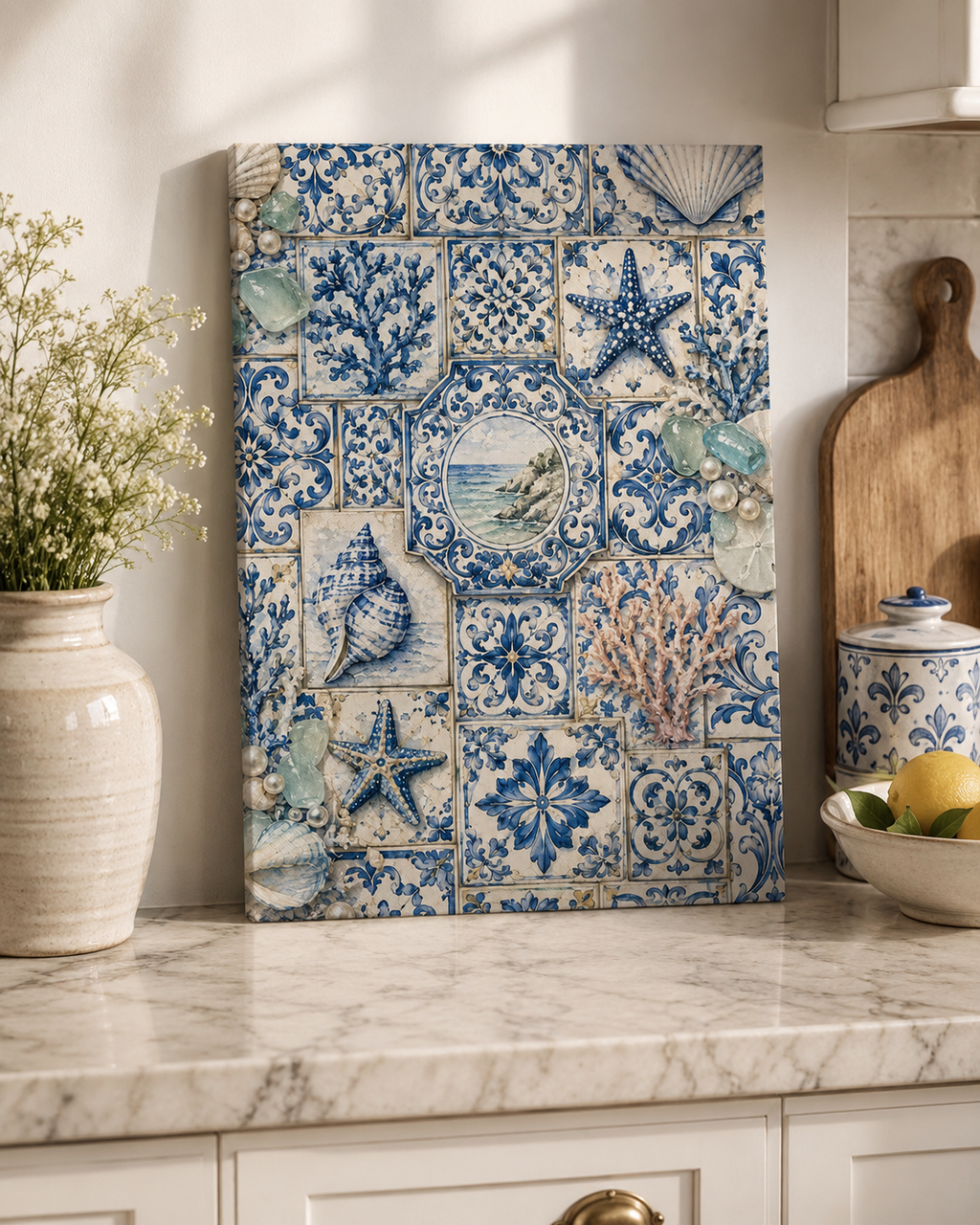 Coastal Blue Tile Seashell Canvas Wall Art | Mediterranean Nautical Decor | Stretched Canvas Print