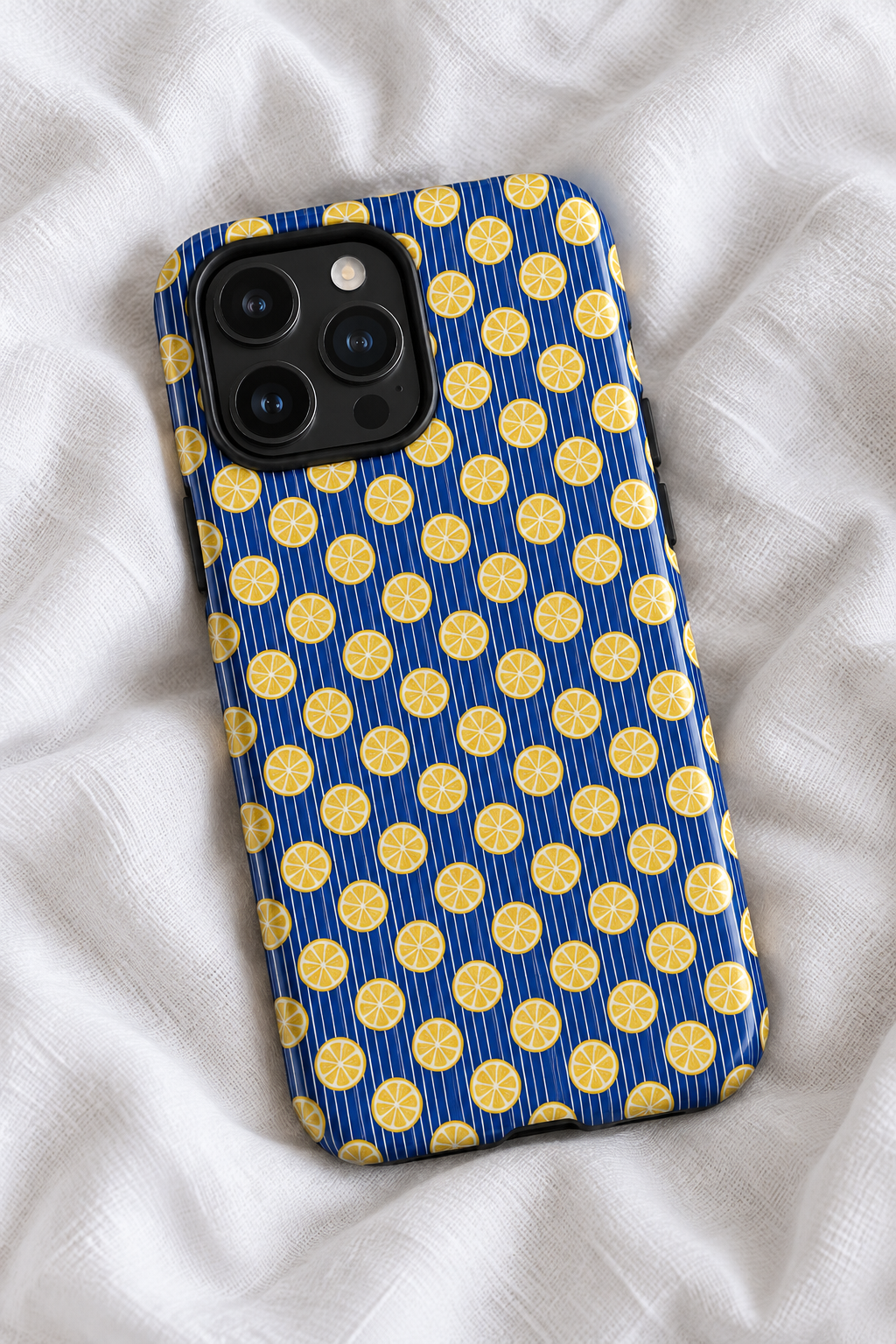 Blue Striped Lemon MagSafe Tough iPhone Case | Italian Summer Citrus Phone Cover