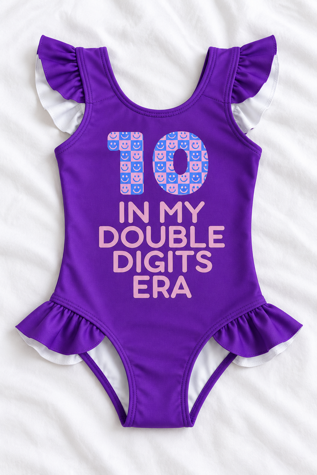 10 Double Digits Era Girls’ Ruffle Swimsuit – 10th Birthday Kids Swimwear