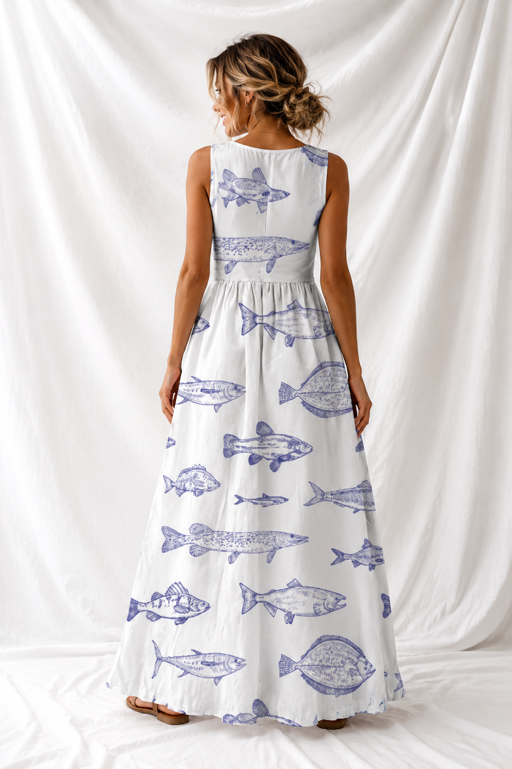 Fish Print Maxi Dress – Women’s Coastal Sleeveless Summer Dress, Beach Vacation Outfit
