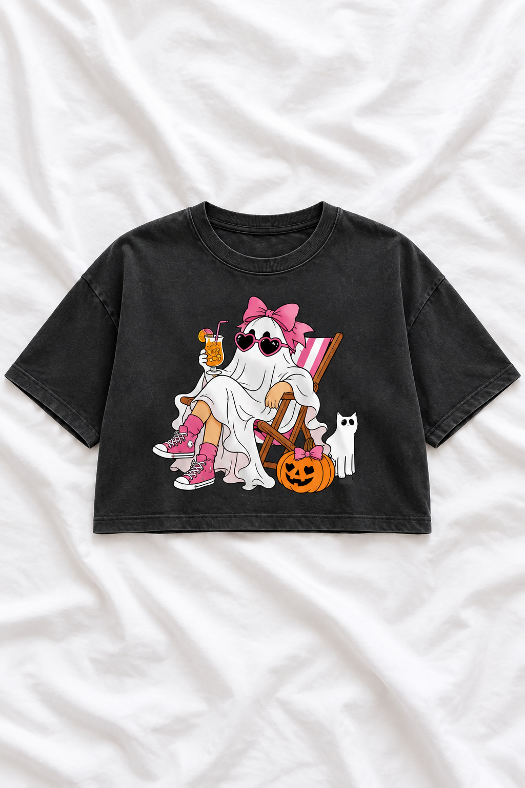 Cute Ghost Girl Snow Washed Raw Edge Halloween Crop Top