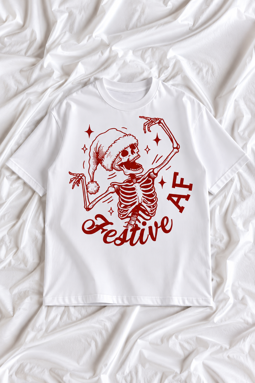 Festive AF Christmas T-Shirt | Funny Dancing Skeleton Santa Graphic Tee | Retro Holiday Unisex Shirt