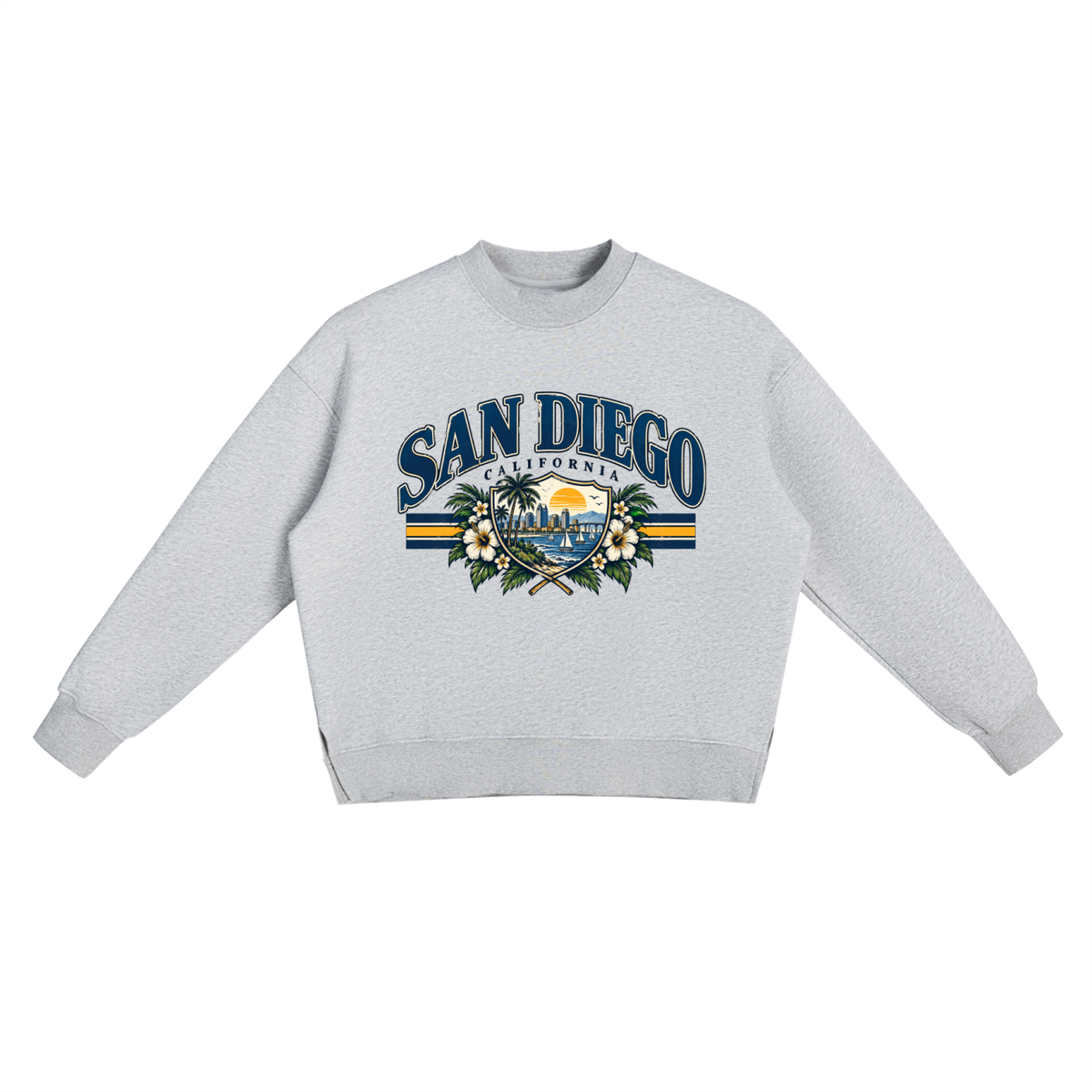 San Diego California Vintage Graphic Fleece Side Slit Crewneck Sweatshirt – Retro Coastal Beach Aesthetic