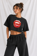 Vampire Lips Snow Washed Raw Edge Halloween Crop Top