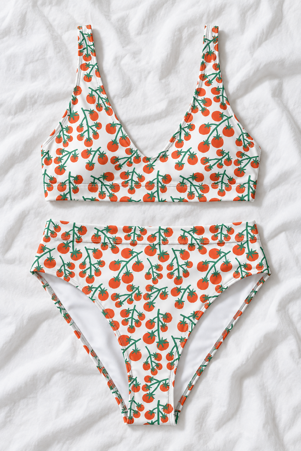 Tomato Girl Summer High-Waisted Bikini Set | Red Tomato Print Two-Piece Swimsuit | Italian Summer Swimwear