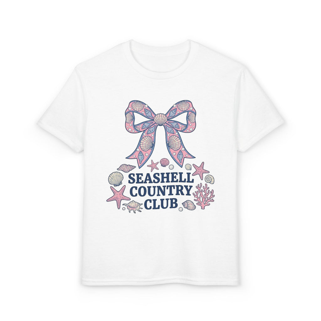 Seashell Country Club Kids T‑Shirt — Pastel Bow & Beach Shell Graphic