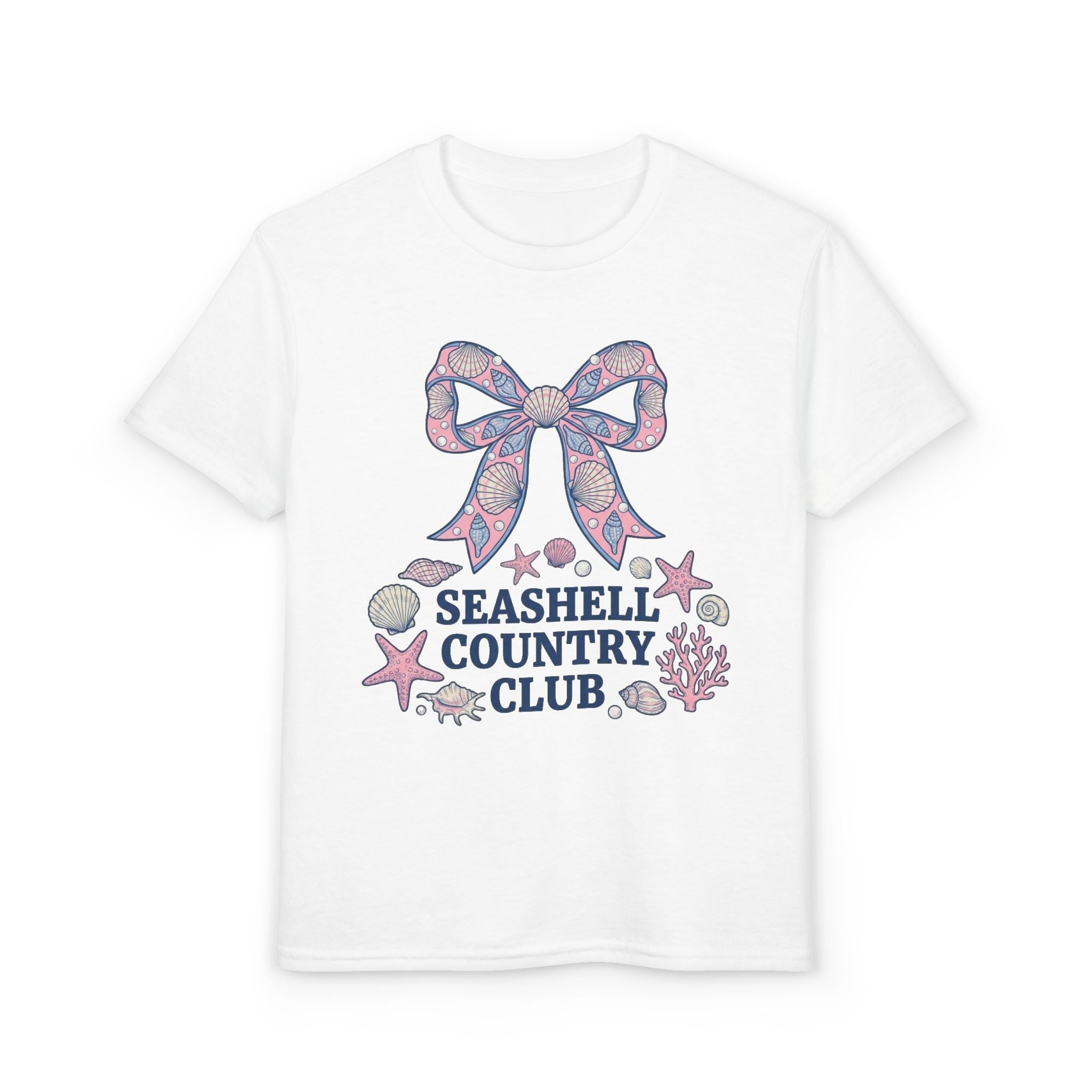 Seashell Country Club Kids T‑Shirt — Pastel Bow & Beach Shell Graphic