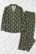 Women's Forest Green & Pink Bow Silky Long Sleeve Pajama Set