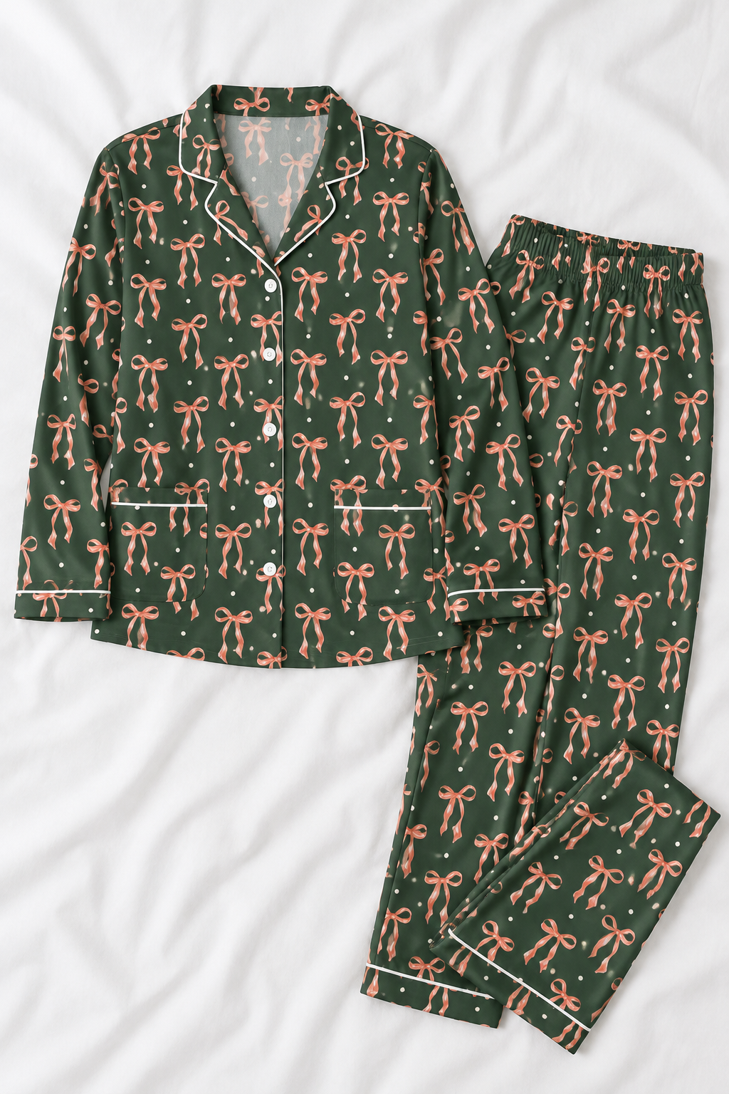 Women's Forest Green & Pink Bow Silky Long Sleeve Pajama Set