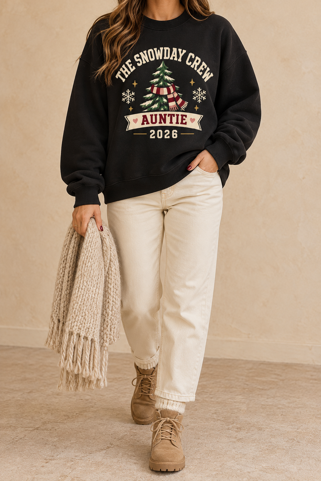 Snowday Crew Auntie 2026 Sweatshirt – Retro Christmas Fleece Crewneck