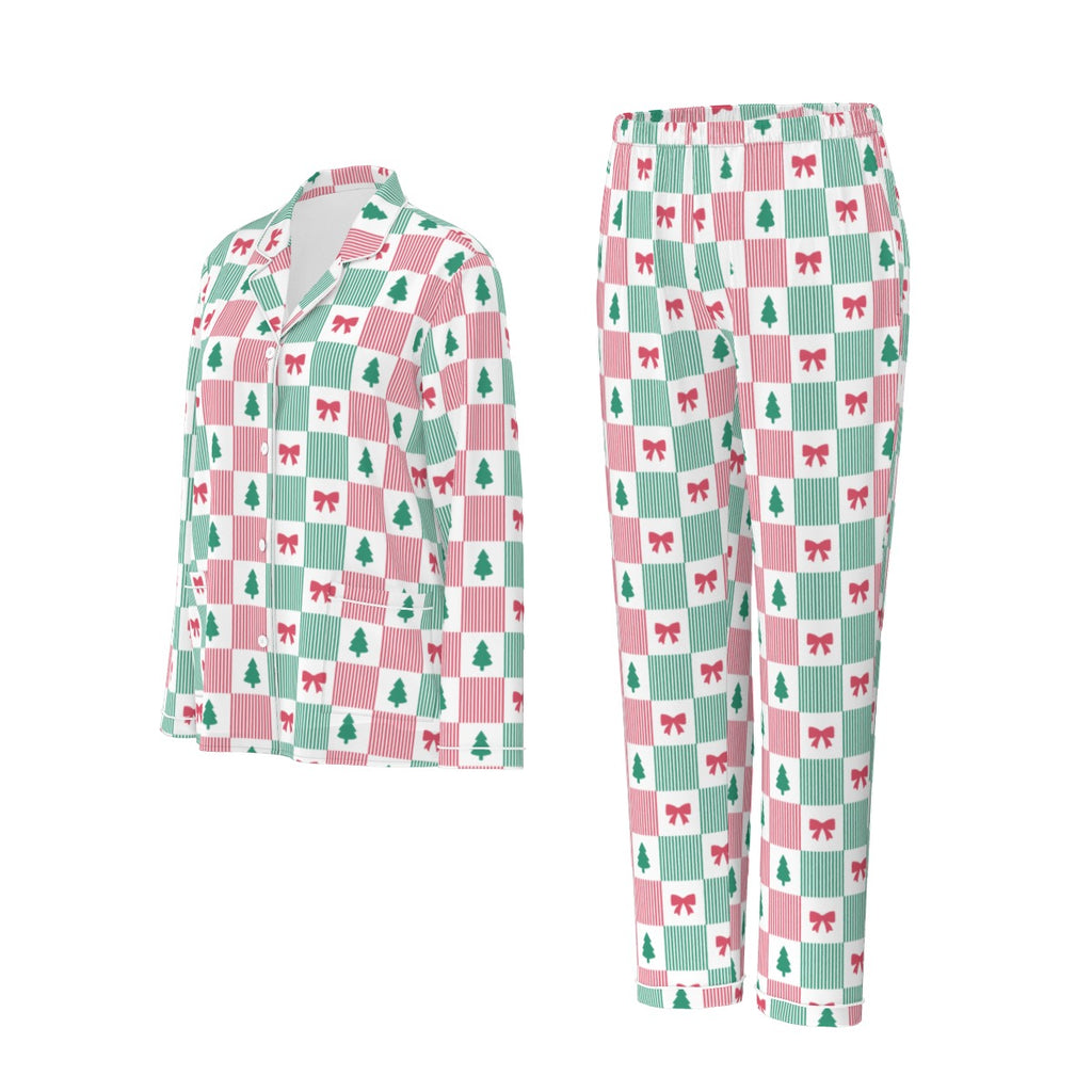 Women's Christmas Patchwork Bow & Tree Silky Long Sleeve Pajama Set