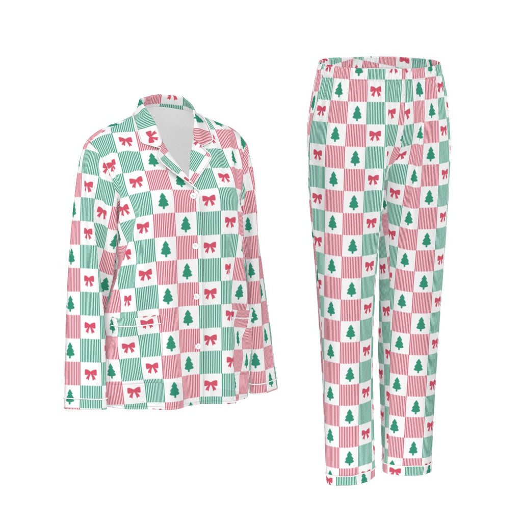 Women's Christmas Patchwork Bow & Tree Silky Long Sleeve Pajama Set