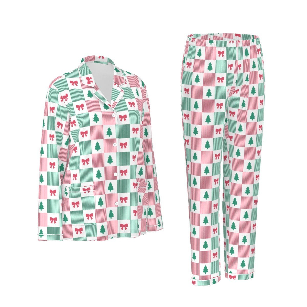 Women's Christmas Patchwork Bow & Tree Silky Long Sleeve Pajama Set