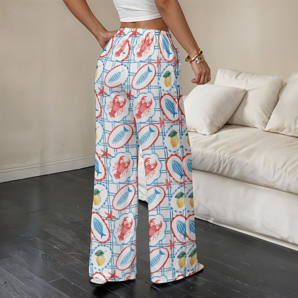 Coastal Lobster & Citrus Relaxed Straight-Leg Pants | Women's Lightweight Beach Lounge Pants